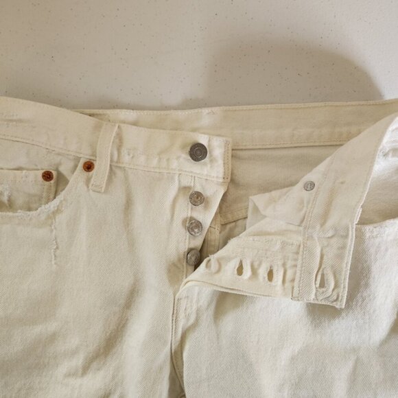 Levis 501 Button Fly Jeans Off White Ripped Straight Leg 100% Cotton No Stretch - Picture 8 of 14
